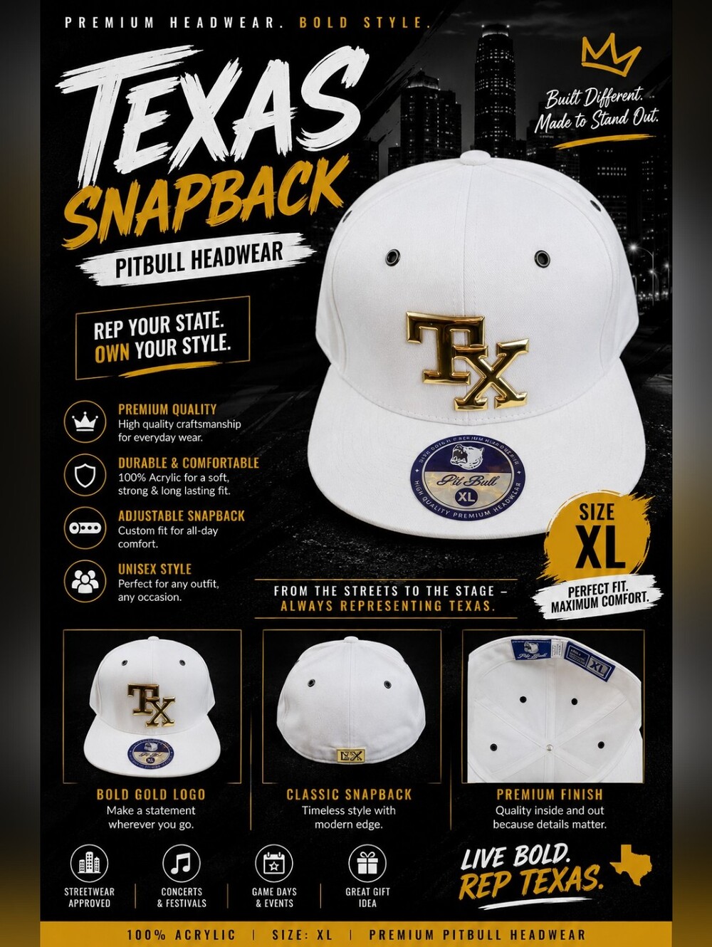 🔥🧢 TEXAS Snapback White Hat – Premium Pitbull Headwear 🇨🇱✨